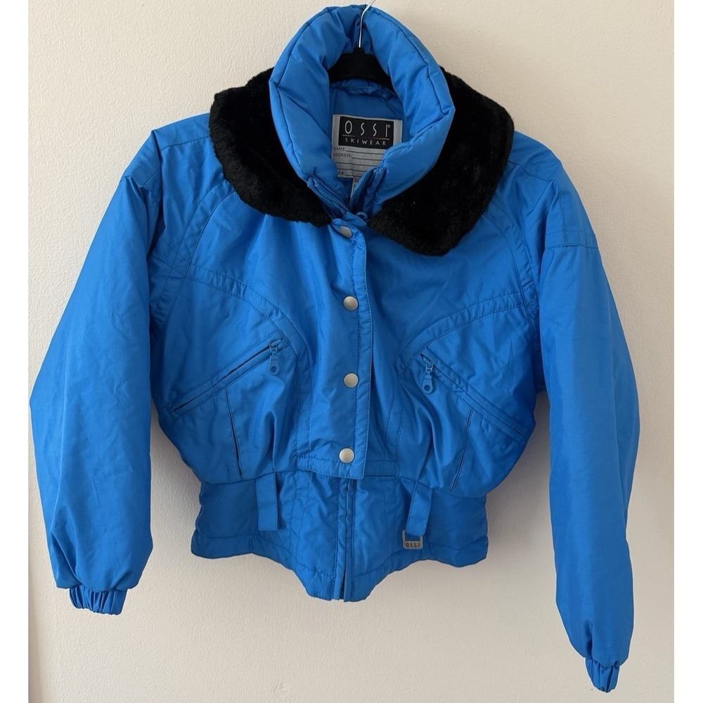 Vintage Ossi Skiwear Youth Ski Jacket Faux Fur Collar Blue/Black‎ M 10–12 Youth